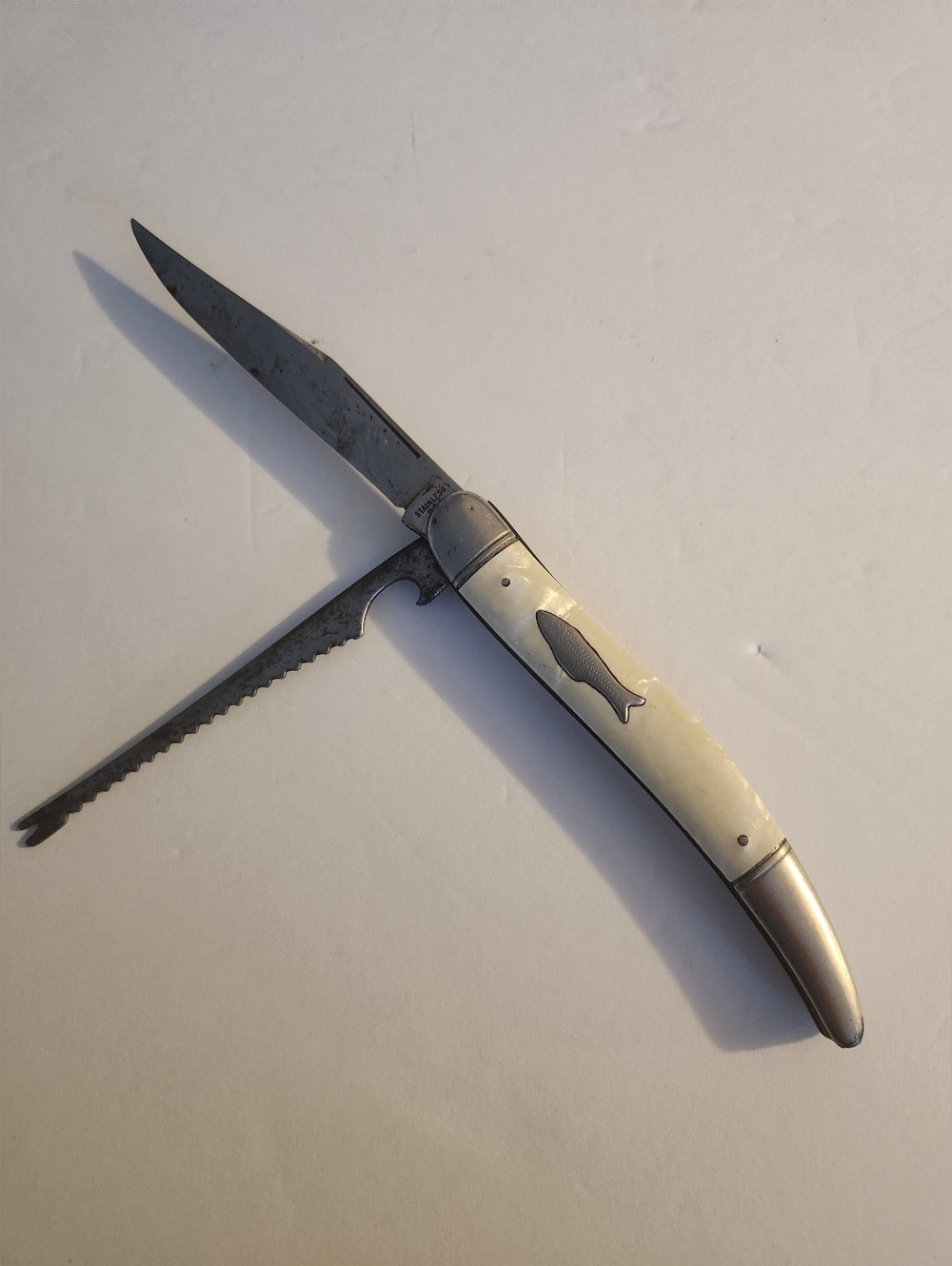Foldable Pocket Knife with Fish Inlay - Ivory Handle